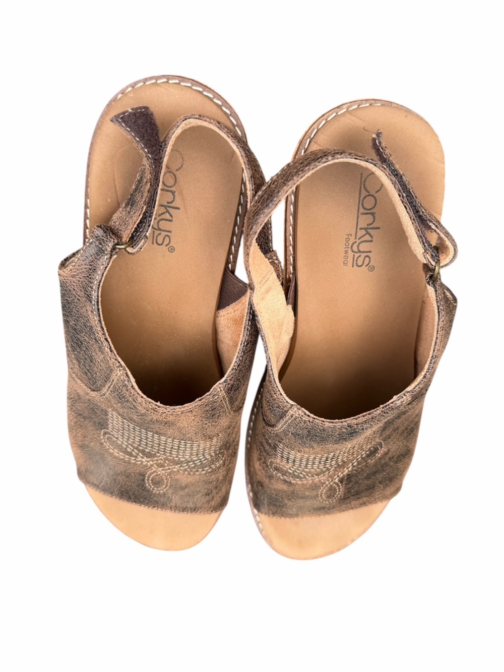 Corkys Brown Embroidered Open-Toe Slingback Wedges Size 10